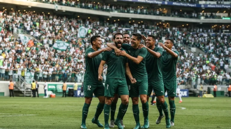 Jogadores do Palmeiras comemoram antes da retomada do Campeonato Brasileiro.