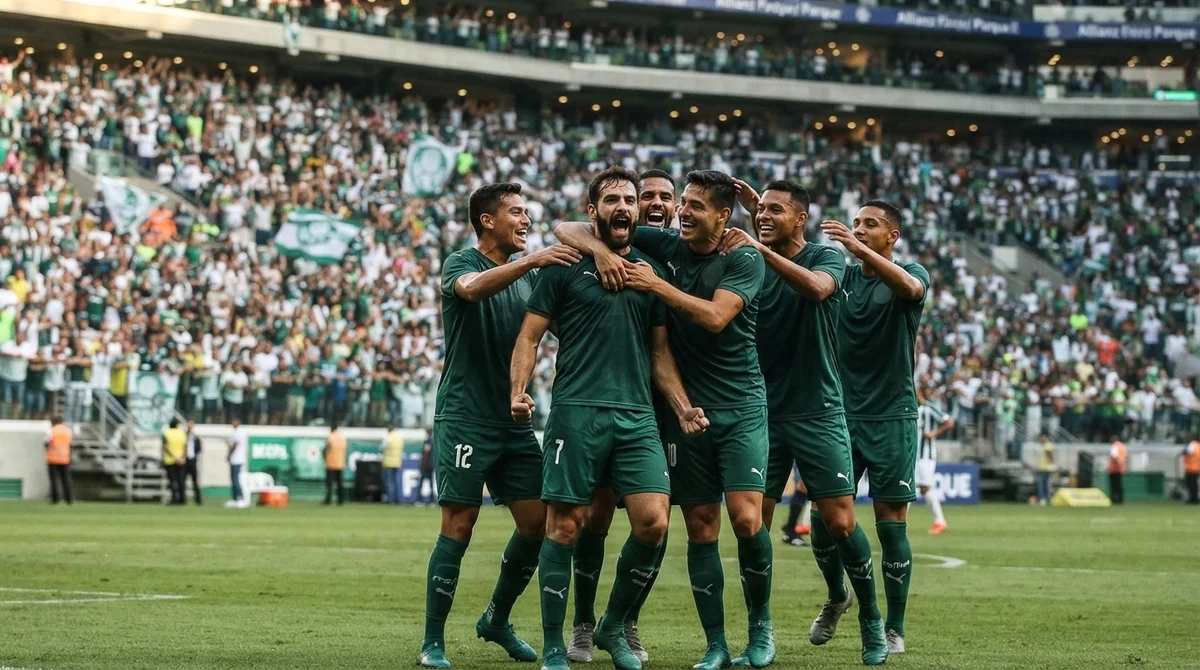 Jogadores do Palmeiras comemoram antes da retomada do Campeonato Brasileiro.