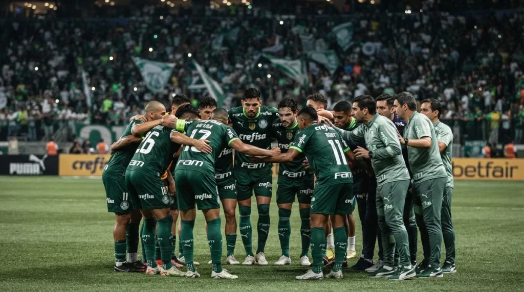 Jogadores do Palmeiras reunidos antes de partida durante a temporada de 2026.
