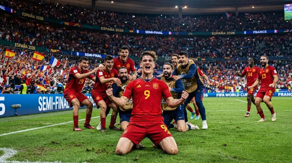 Jogadores da Espanha comemoram a vitória sobre a França na semifinal da Copa do Mundo 2026.
