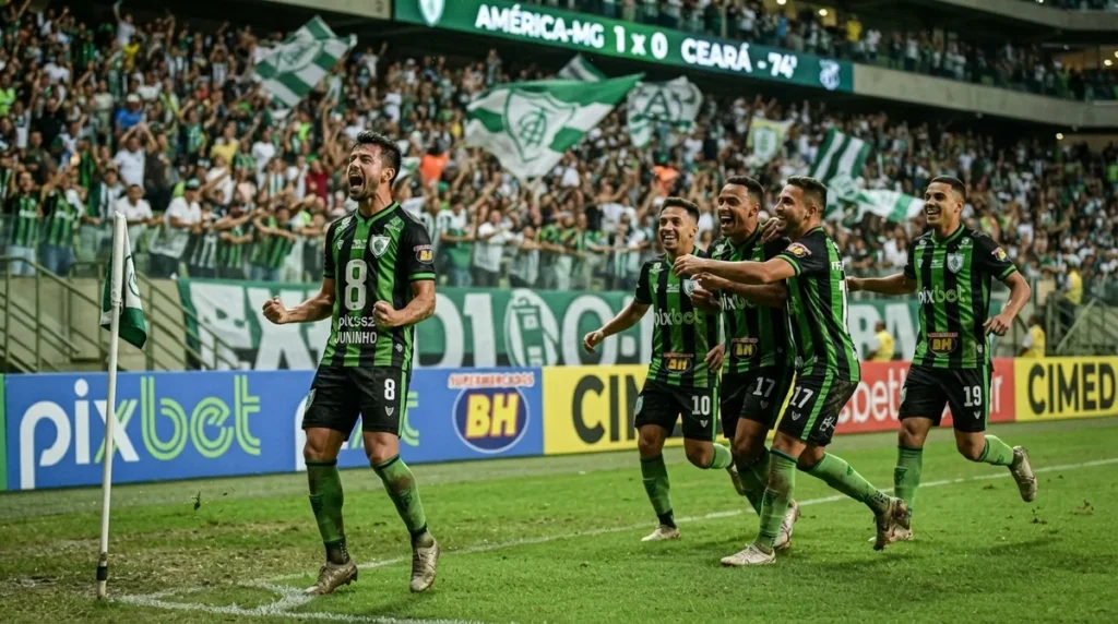 Jogadores do América-MG comemoram gol contra o Ceará pela Série B