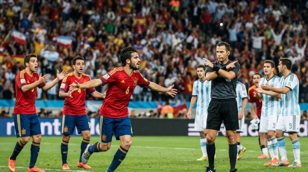 Gol de Mikel Merino é anulado por falta na origem da jogada durante a final da Copa do Mundo 2026.