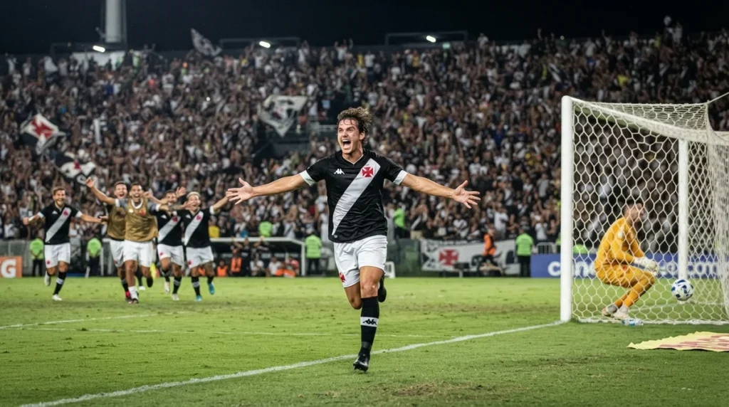 Jogador do Vasco comemora o gol de empate diante do Mirassol em São Januário.