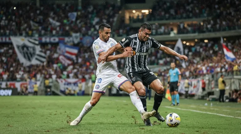 Atlético-MG e Bahia disputam lance durante partida pelo Brasileirão 2026 na Arena MRV