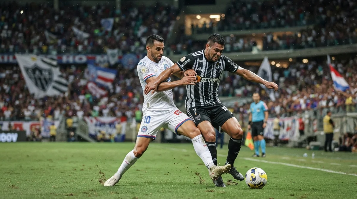 Atlético-MG e Bahia disputam lance durante partida pelo Brasileirão 2026 na Arena MRV