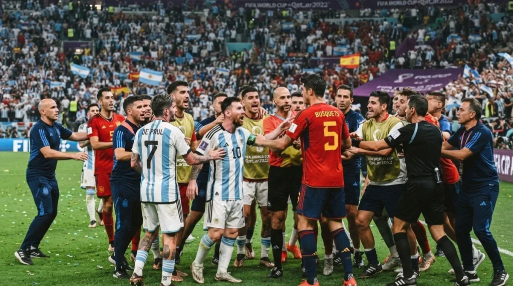 Jogadores das seleções da Argentina e Espanha envolvidos em discussão após a final
