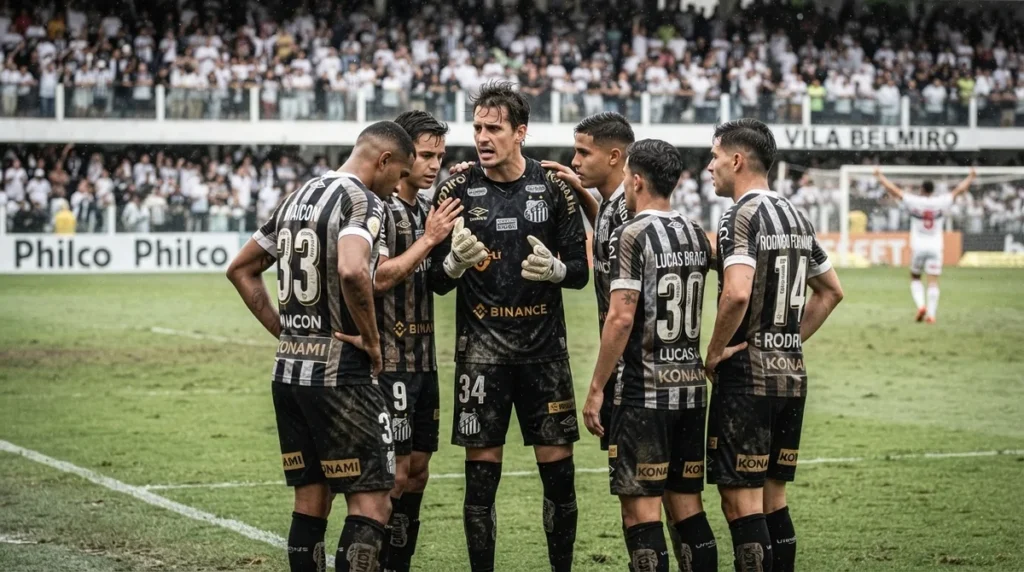 Jogadores do Santos conversam em campo após falha defensiva no Brasileirão