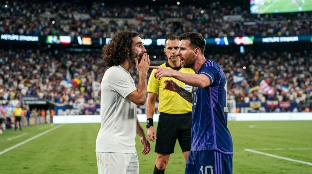 Lionel Messi reclama com o árbitro após discussão com Marc Cucurella na final da Copa do Mundo 2026.