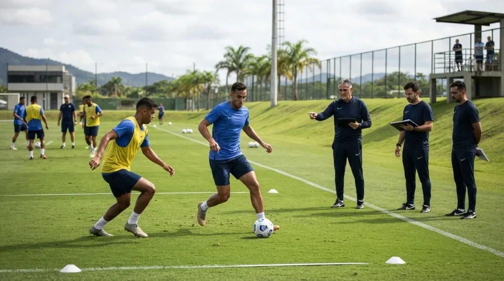 Jogadores treinam durante a retomada do Campeonato Brasileiro após a janela de transferências.