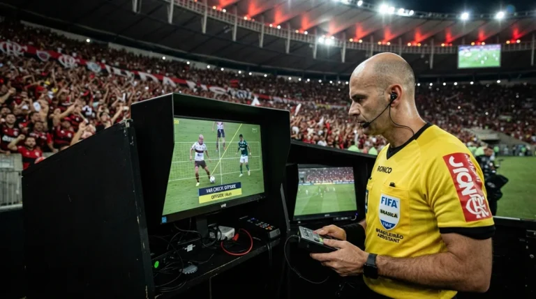 Impedimento semiautomático sendo analisado pela arbitragem no Brasileirão
