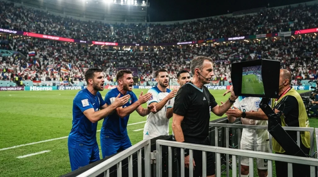 Árbitro consulta o VAR durante partida da Copa do Mundo de 2026.