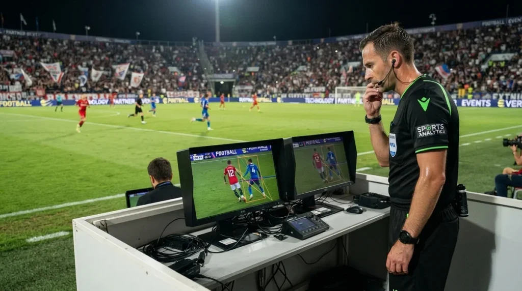 Árbitro Ismail Elfath próximo ao sistema VAR durante partida da Copa do Mundo.