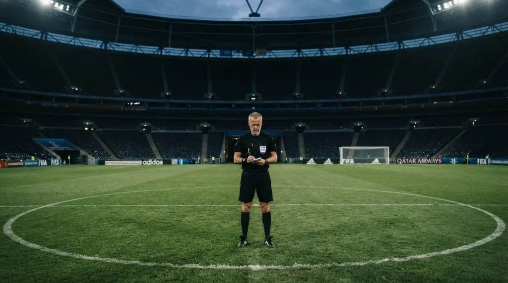 Árbitro em estádio representando debates sobre arbitragem internacional.
