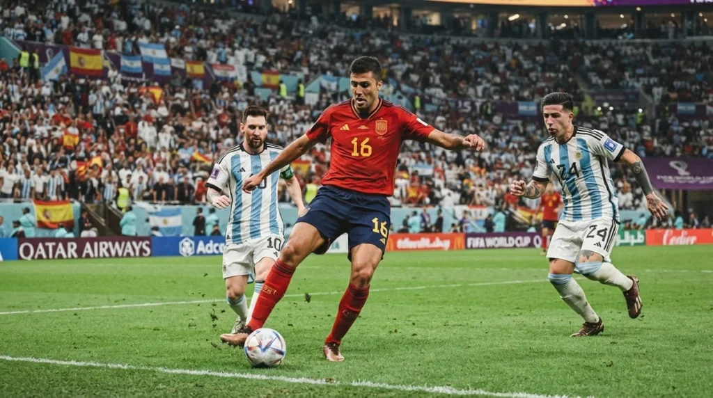 Rodri controlando o meio-campo durante partida da Copa do Mundo
