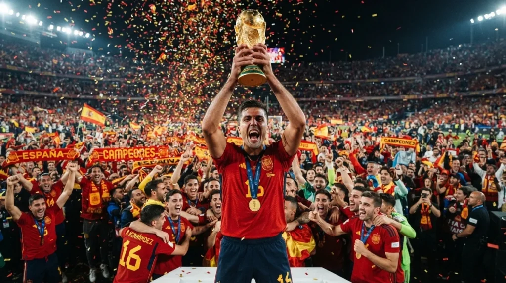 Rodri levantando a taça da Copa do Mundo pela Espanha