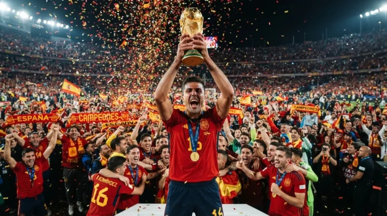 Rodri levantando a taça da Copa do Mundo pela Espanha