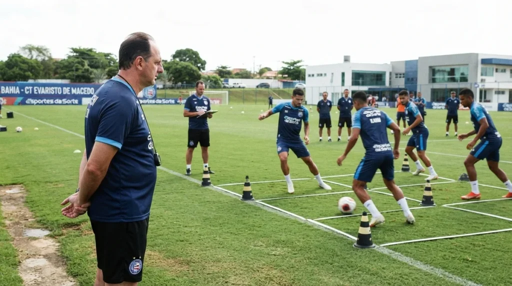 Rogério Ceni orienta jogadores do Bahia durante treinamento antes da volta do Brasileirão