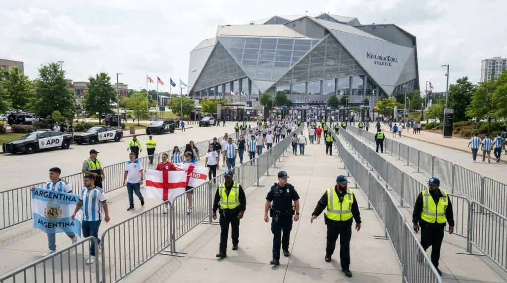 Esquema de segurança no Mercedes-Benz Stadium antes de Argentina x Inglaterra pela Copa do Mundo 2026.