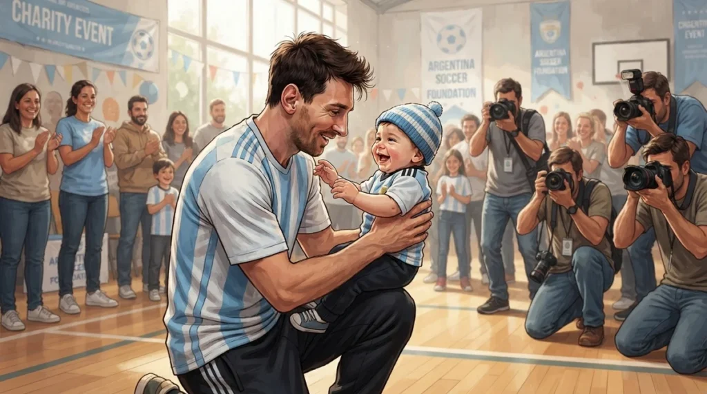 Jovem jogador argentino segura um bebê durante evento beneficente em 2007