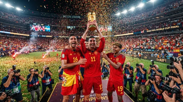 Alt text: Espanha comemora o título da Copa do Mundo de 2026 após vencer a Argentina na final.
