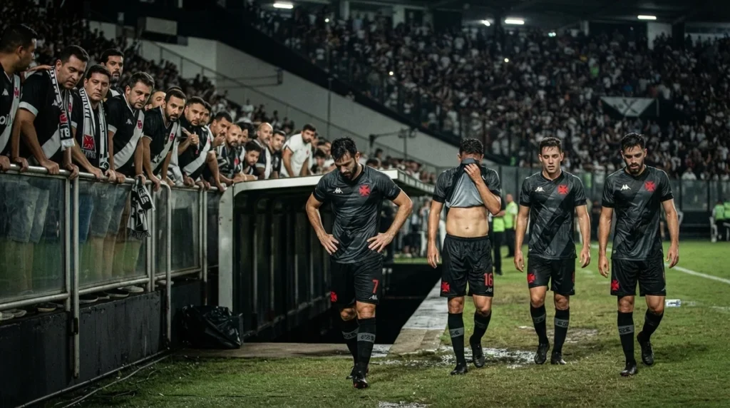 Jogadores do Vasco deixam o campo após empate que manteve a equipe na zona de rebaixamento do Brasileirão.