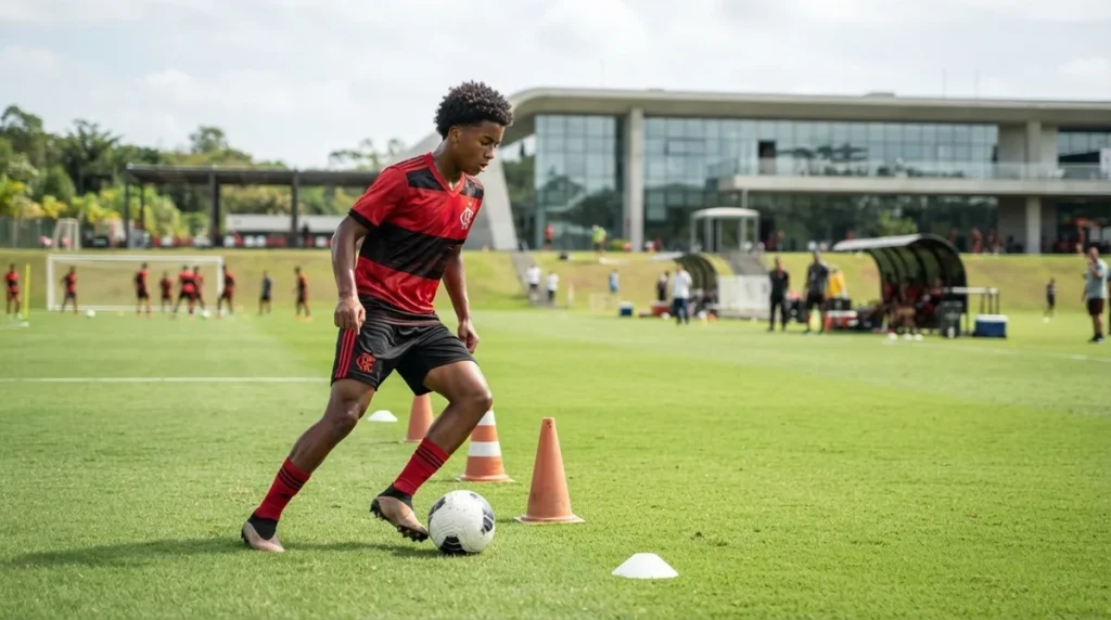 Jovem jogador de futebol treinando em centro de treinamento com foco em novos reforços do Flamengo