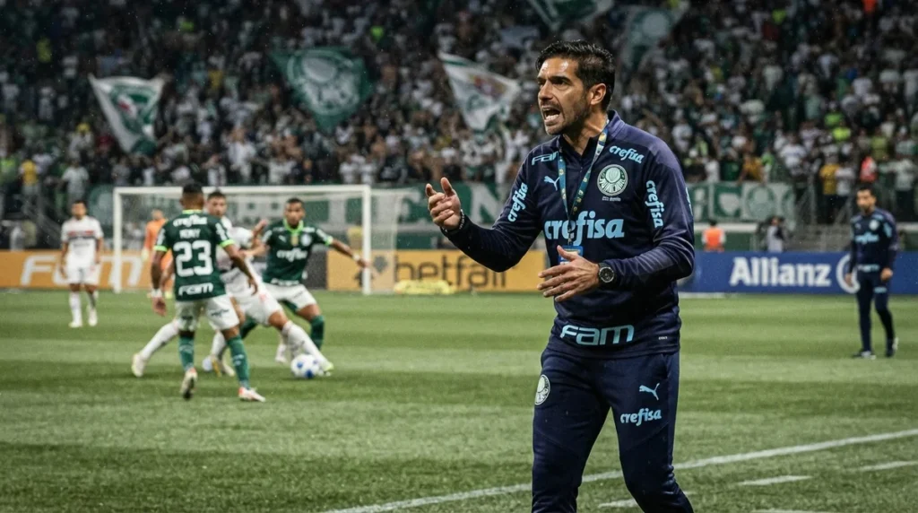 Abel Ferreira orienta o Palmeiras durante duelo contra o Fortaleza na Copa do Brasil