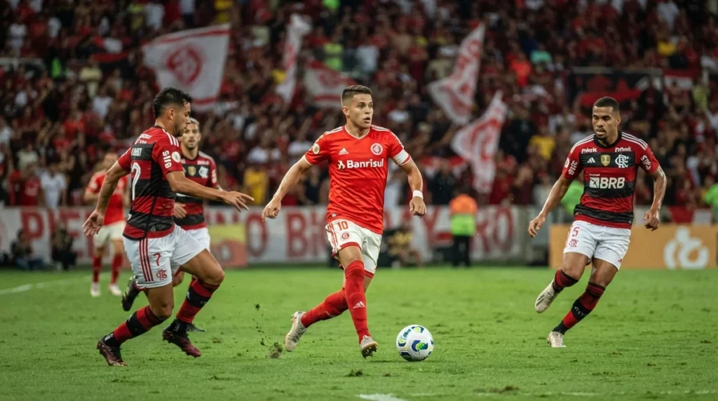 Alan Patrick participa da criação das jogadas do Internacional durante partida contra o Flamengo.