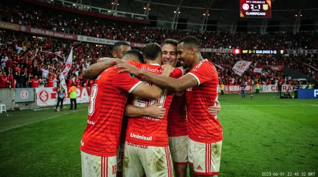 Jogadores do Internacional comemoram classificação nas quartas da Copa do Brasil