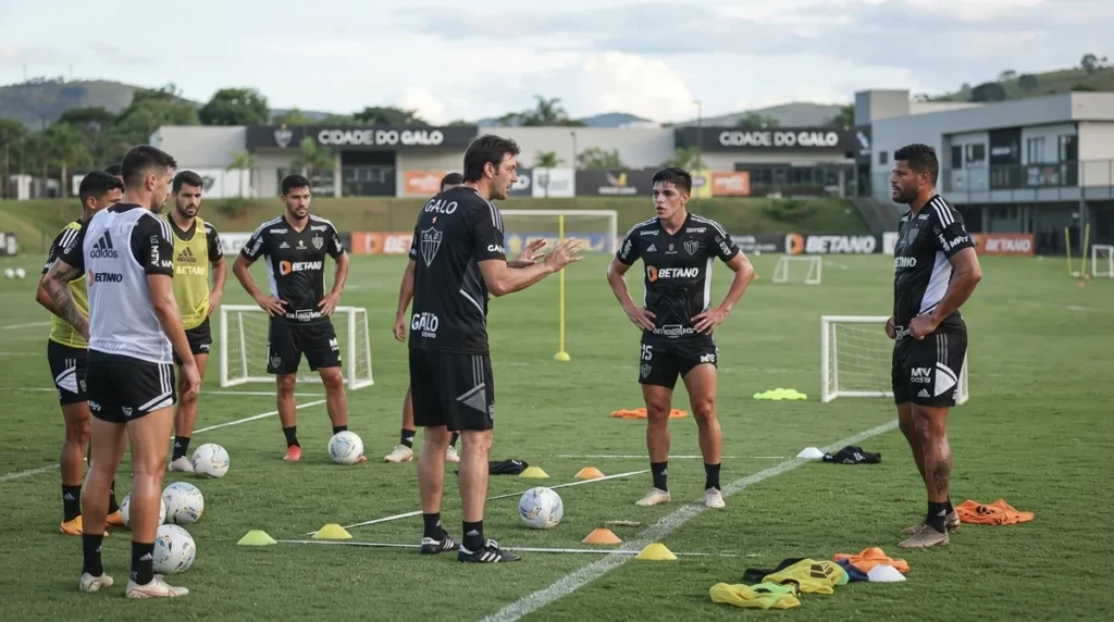 Jogadores do Atlético treinam na Cidade do Galo antes da partida contra o Juventude pela Copa do Brasil.