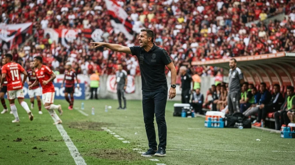 Paulo Pezzolano orienta o Internacional durante partida contra o Flamengo pelo Campeonato Brasileiro.