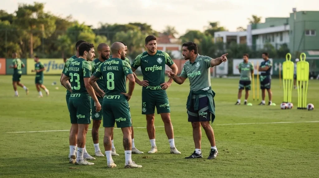 Abel Ferreira orienta o elenco do Palmeiras enquanto busca alternativas para a ausência de Paulinho.