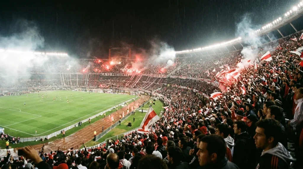  Estádio de futebol lotado durante partida noturna na Argentina