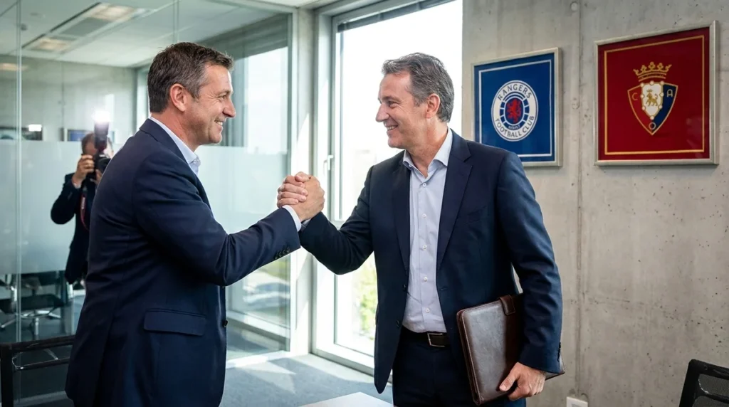 Representantes de clubes de futebol selando acordo de transferência