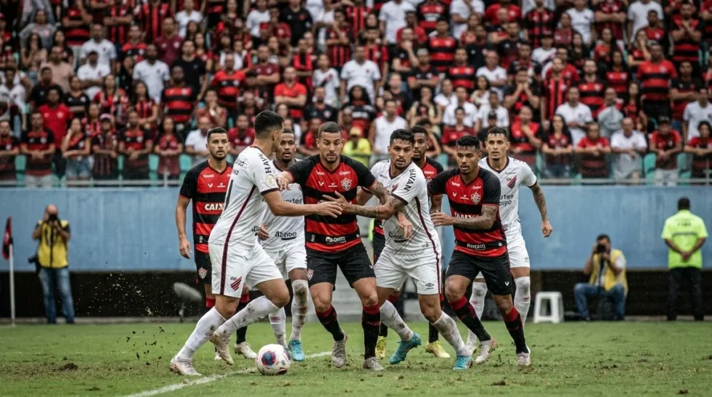 Jogadores de Vitória e Athletico-PR disputando bola pela Copa do Brasil
