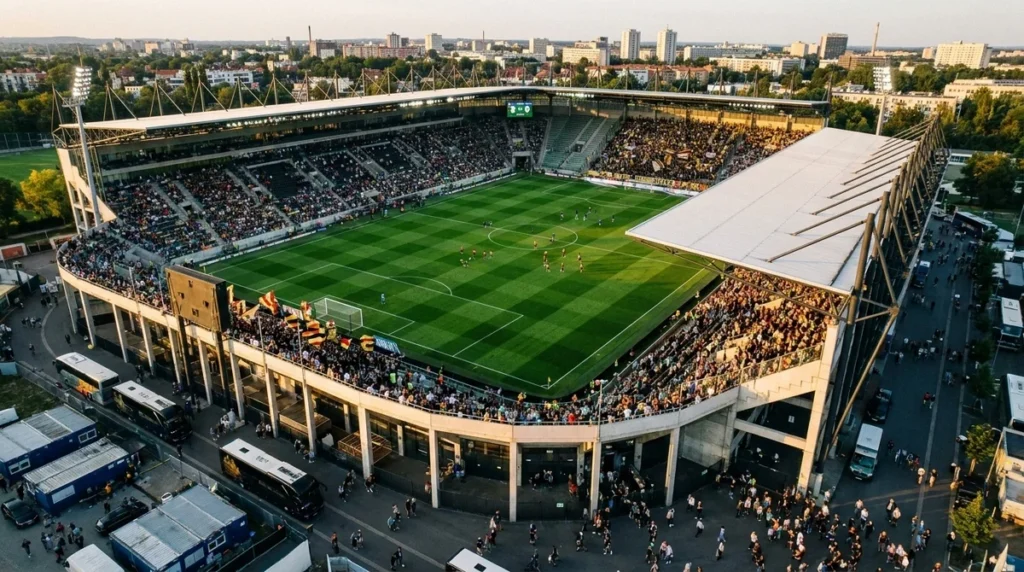 Estádio de futebol italiano visto de cima ao entardecer
