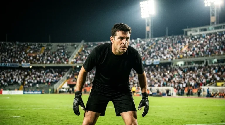 Goleiro de uniforme preto em campo durante partida de futebol à noite