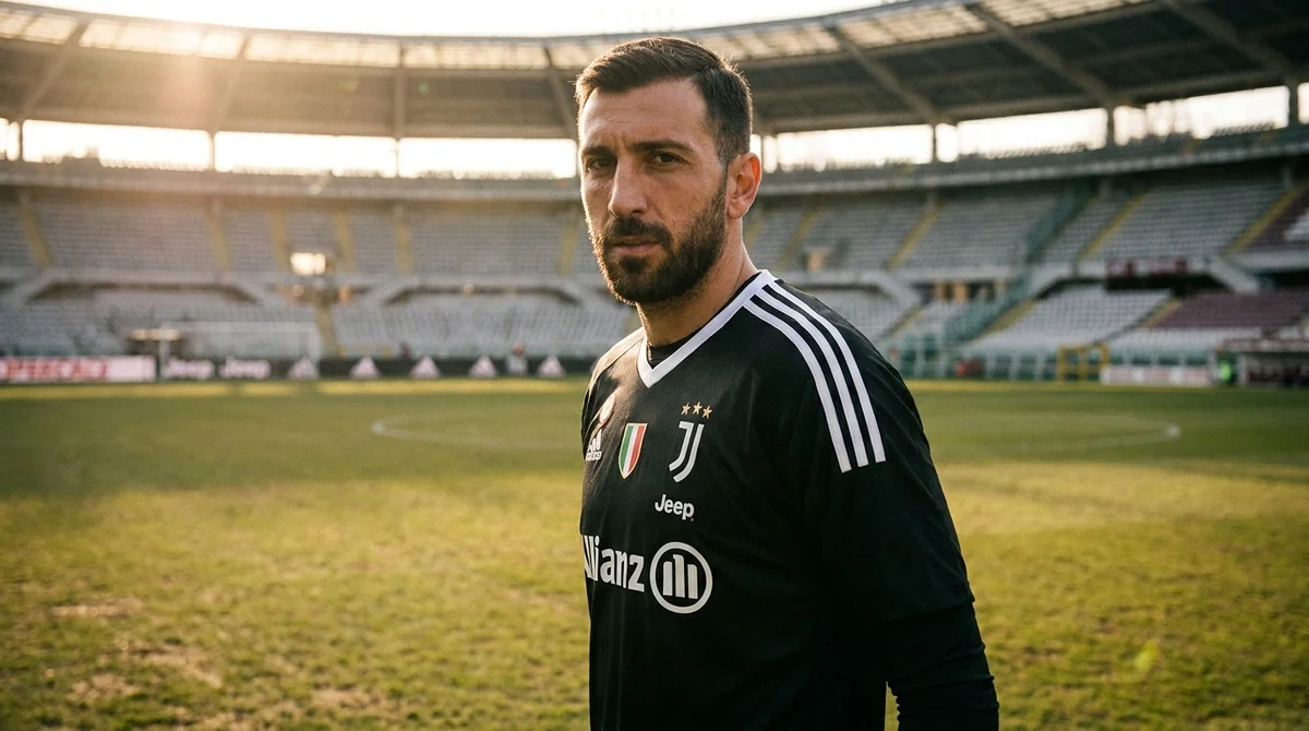 Goleiro italiano vestindo uniforme da Juventus em estádio de futebol