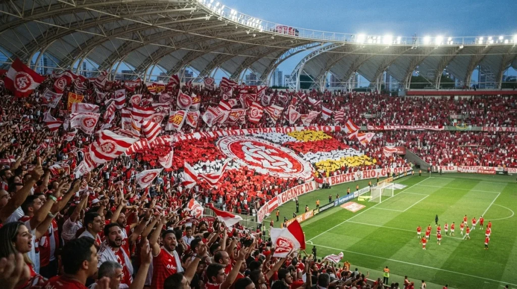 Torcida do Internacional no Beira-Rio durante partida da Copa do Brasil.