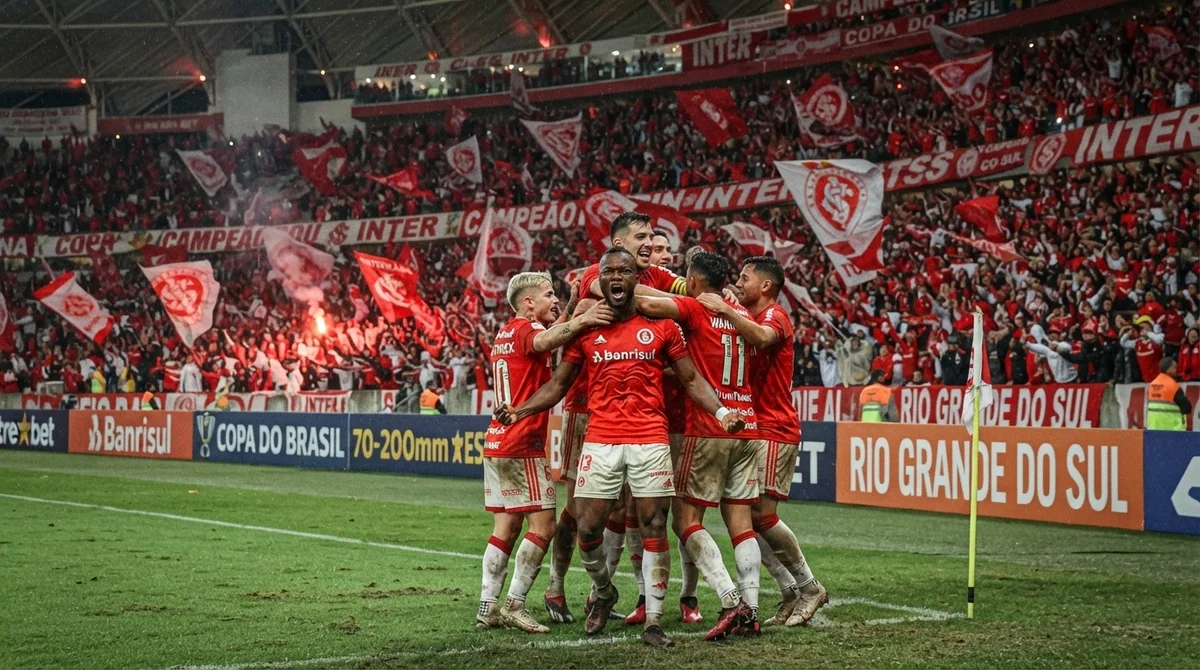 Jogadores do Internacional comemoram vitória contra o Corinthians pela Copa do Brasil no Beira-Rio