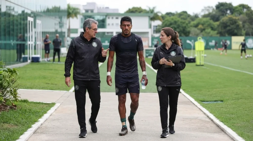 Paulinho deixa o treinamento acompanhado pelo departamento médico do Palmeiras após sofrer lesão no adutor da coxa direita.
