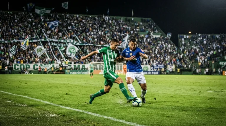 Jogadores de Chapecoense e Cruzeiro disputam a bola na Arena Condá pelas oitavas da Copa do Brasil 2026.
