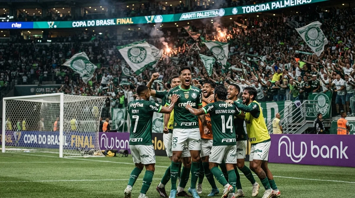 Palmeiras comemora gol contra o Fortaleza pela Copa do Brasil no Nubank Parque