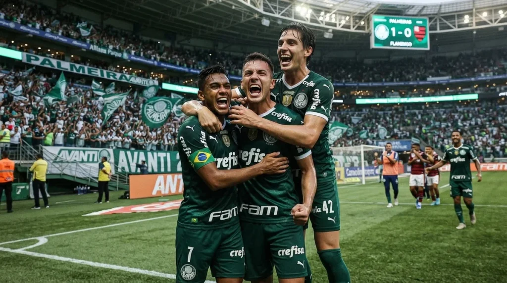 Jogadores do Palmeiras comemoram gol pelo ataque alviverde
