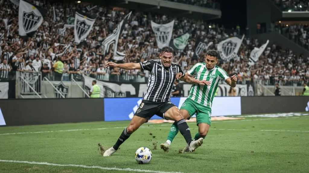 Jogadores de Atlético e Juventude disputam a bola durante o jogo de ida das oitavas de final da Copa do Brasil na Arena MRV.