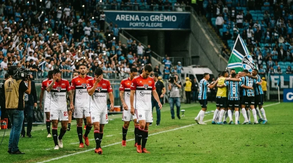 Jogadores do São Paulo deixam o gramado após derrota para o Grêmio
