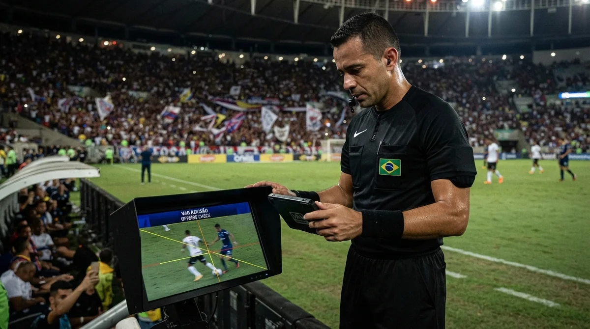 Árbitro consulta o VAR em lance de impedimento durante jogo da Copa do Brasil.