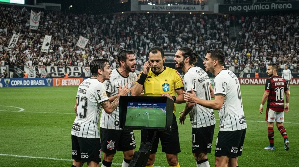Arbitragem e jogadores do Corinthians durante confronto contra o Internacional pela Copa do Brasil