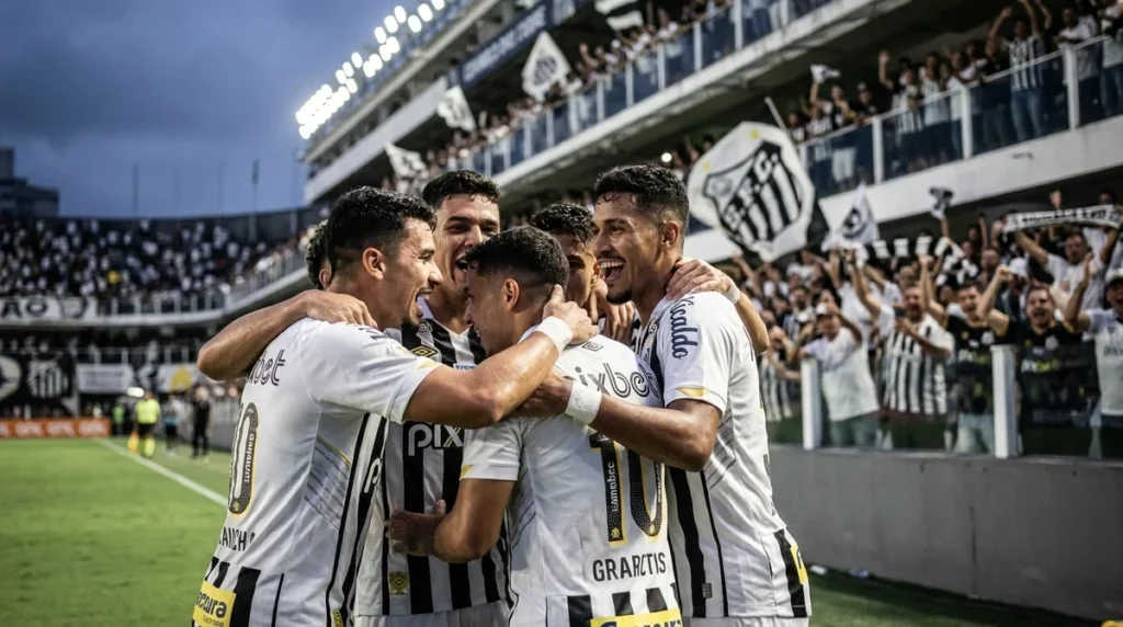 Jogadores do Santos comemoram classificação na Copa do Brasil após vencer o Remo