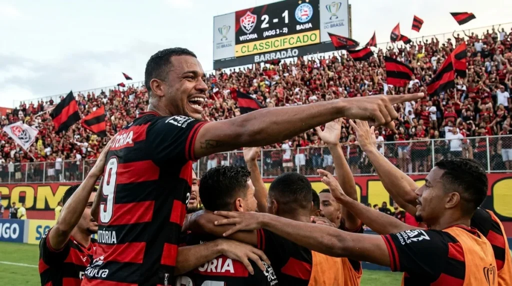 Renê comemora gol pelo Vitória na vitória sobre o Athletico-PR pela Copa do Brasil.